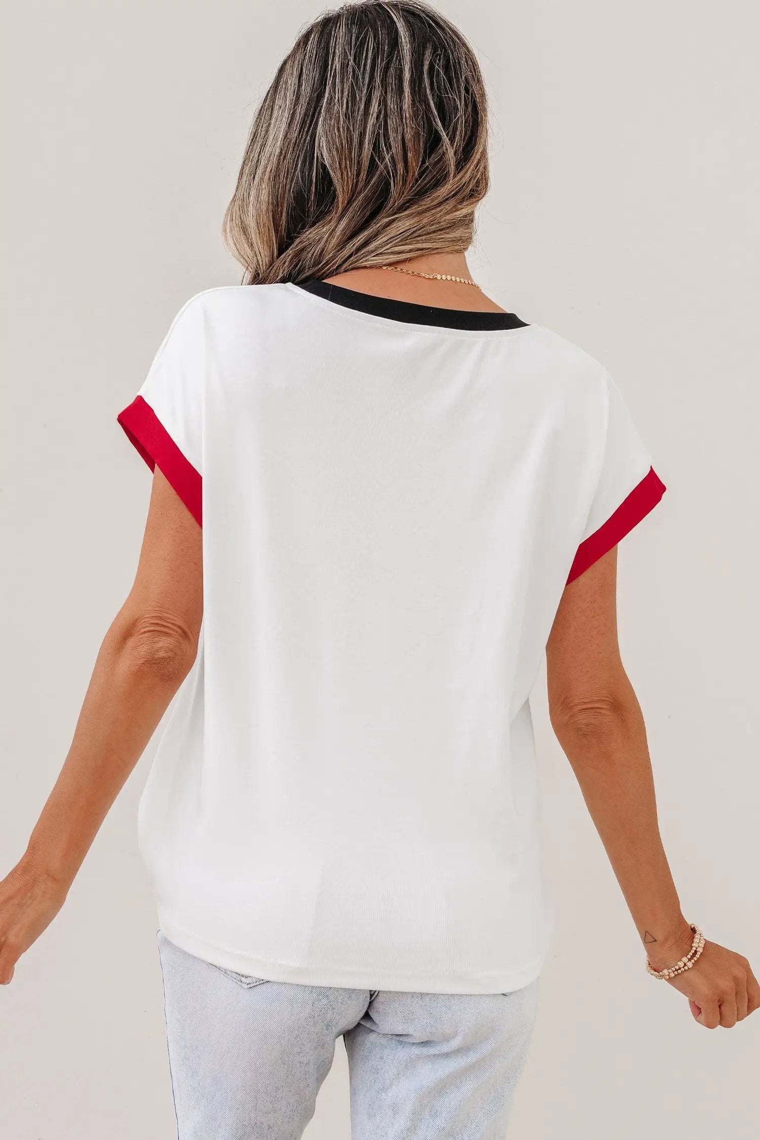 Star-Spangled Shine USA sequin loose T-shirt with color-block trim and relaxed fit