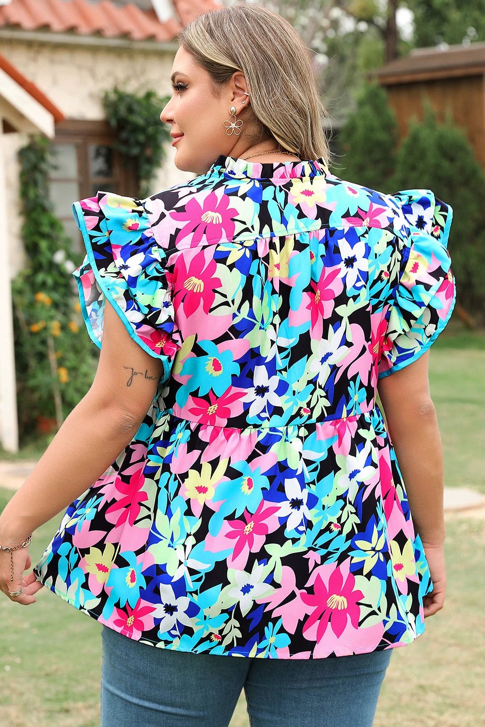 Plus Size Floral Flutter Sleeve Blouse
