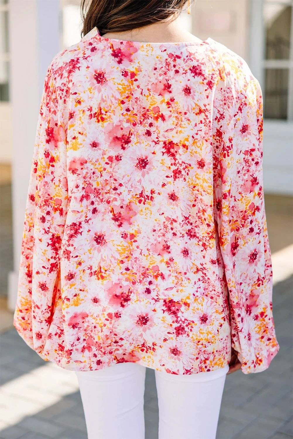 pink ditsy floral bubble sleeve v neck blouse for women casual everyday outfit