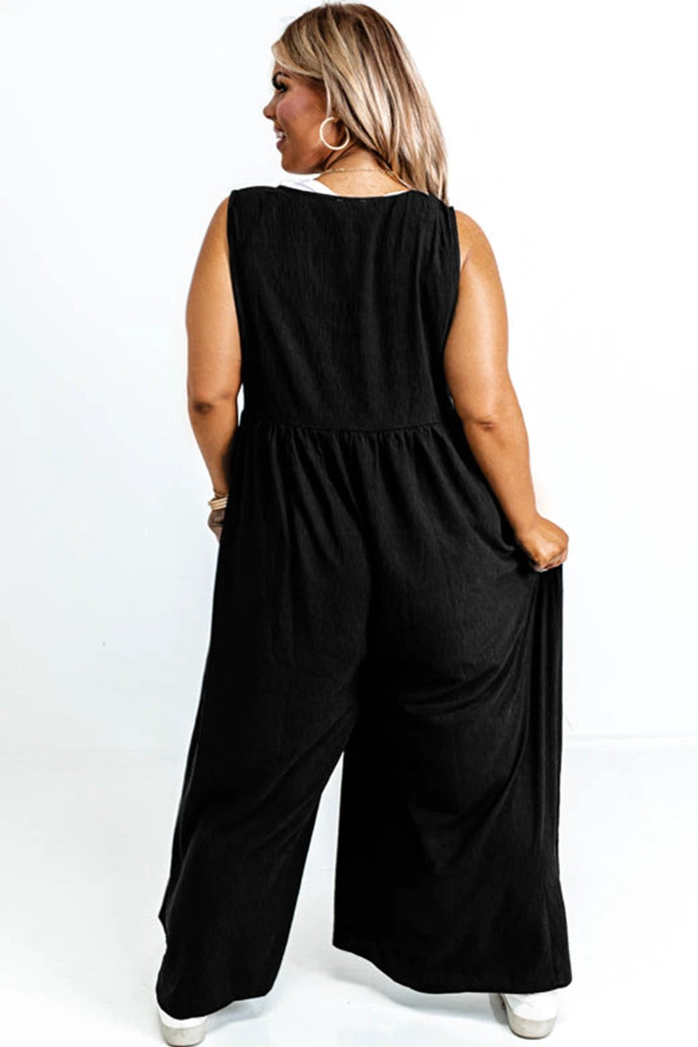 black plus size sleeveless button front loose jumpsuit for women casual everyday outfit