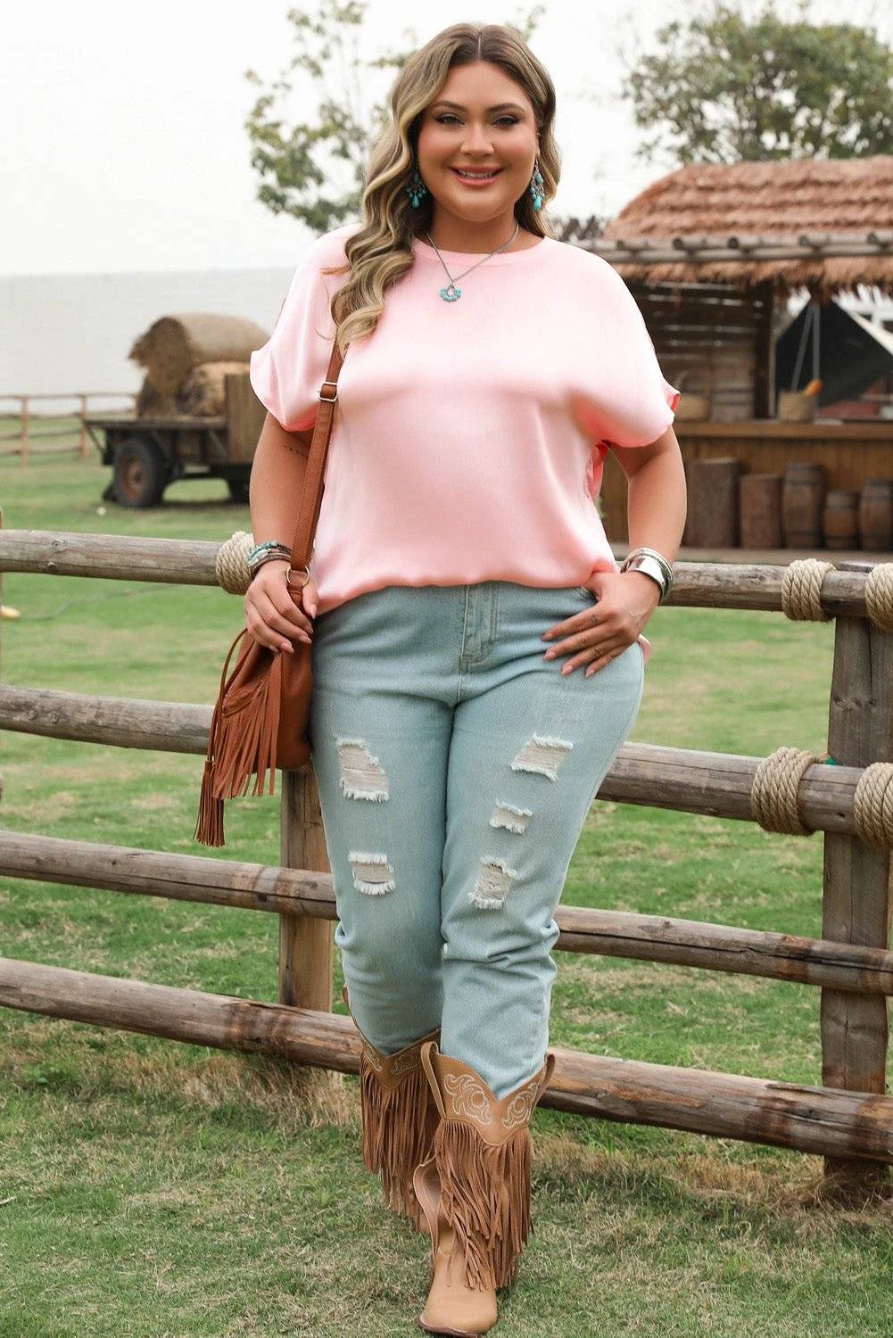 Plus size Effortless Shine metallic gloss satin top with batwing sleeves in soft pink