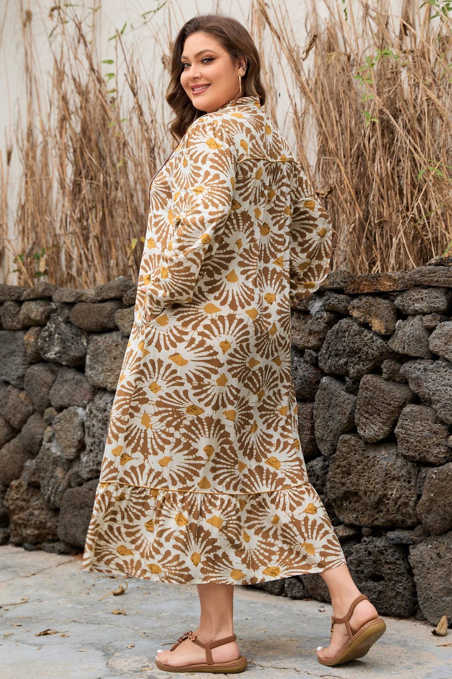 Dear-Lover Dropshipping Khaki Abstract Plant Print Loose Plus Size Long Dress - Plus Size/Plus Size Dresses/Plus Size Maxi Dresses