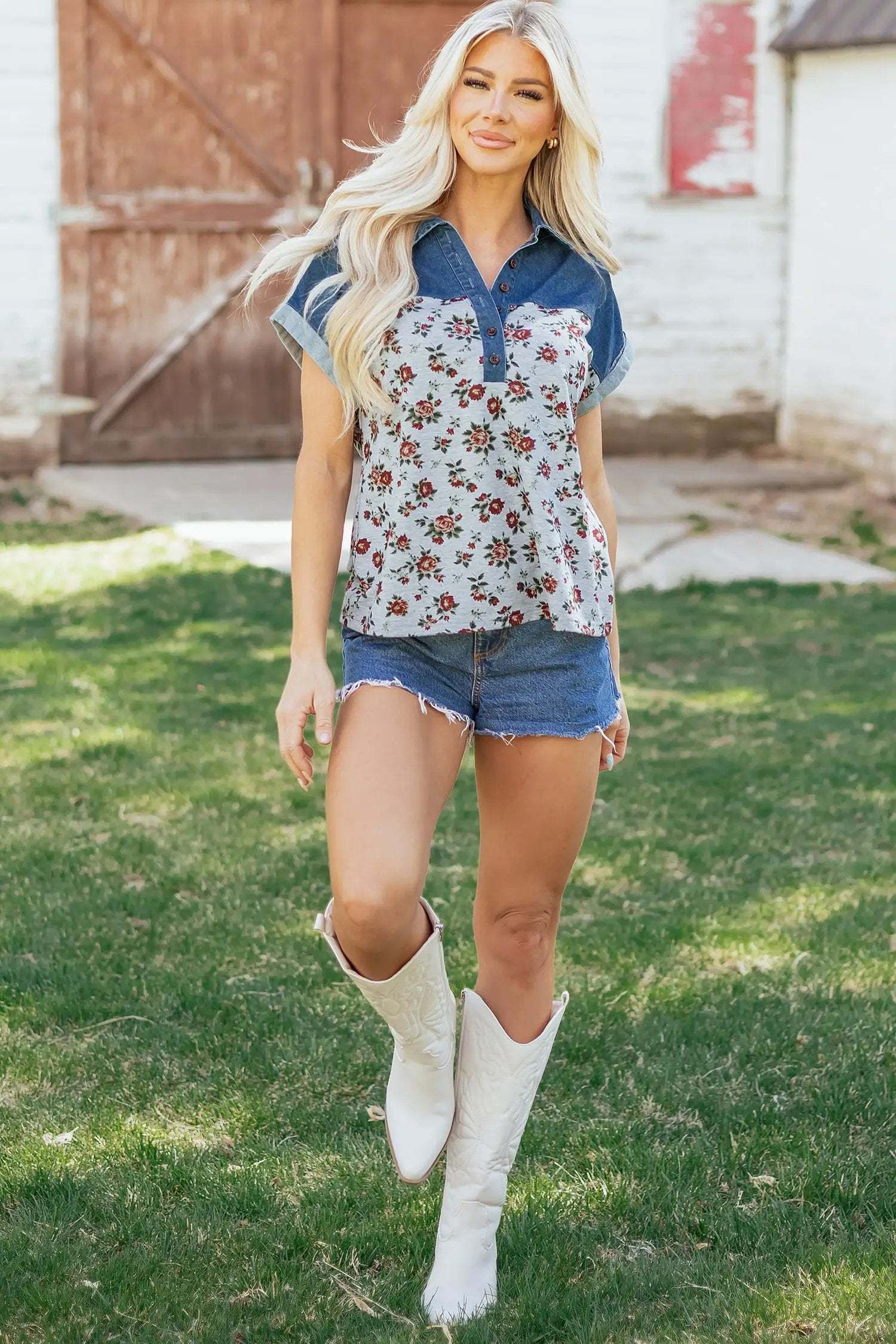 J&H Apparel Gray Retro Floral Print Denim Patchwork Buttoned Polo Collar Top - Shirts Tops/Blouses & Shirts