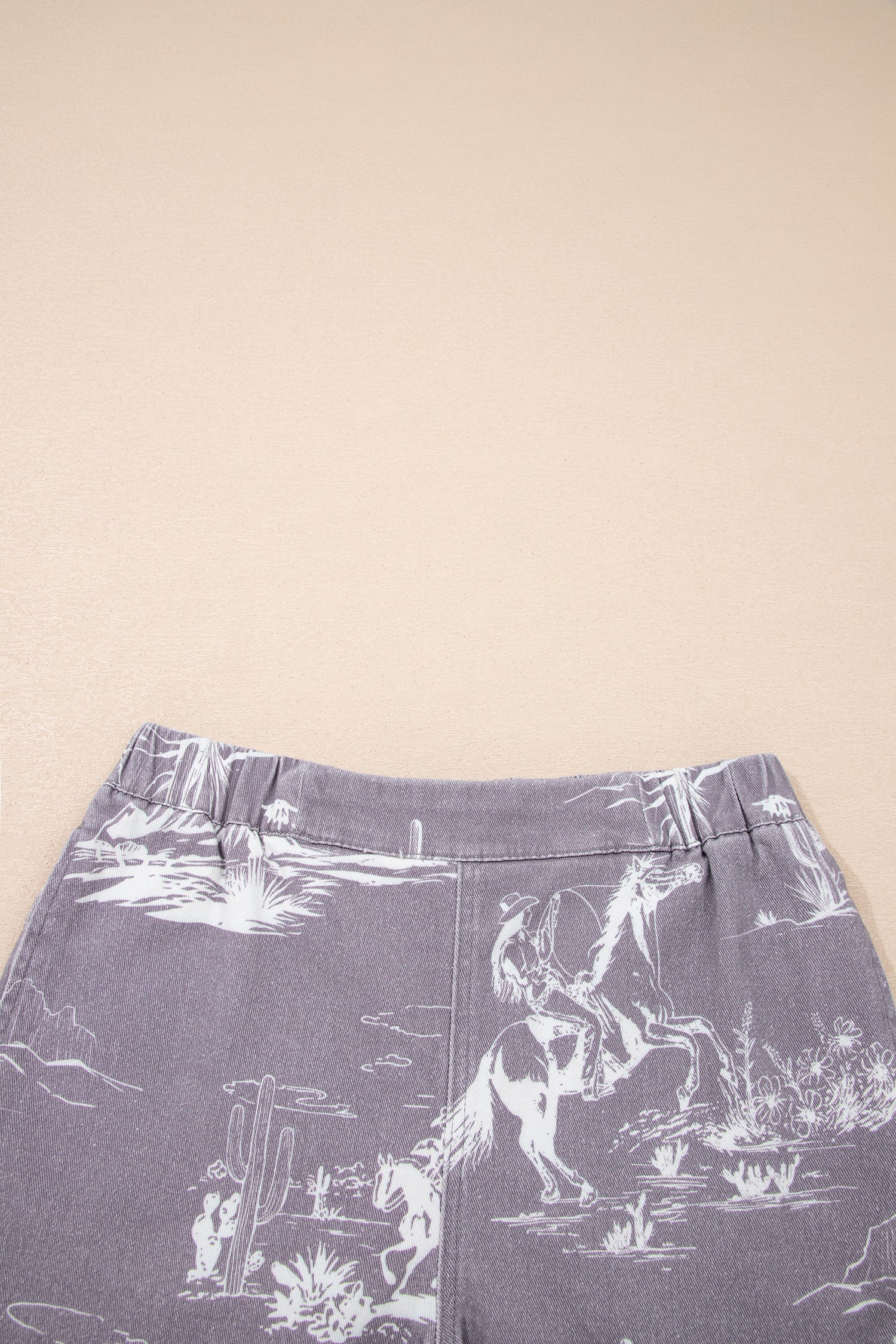 Western Print Denim Shorts | Elastic Waist Cotton Pull-On Style