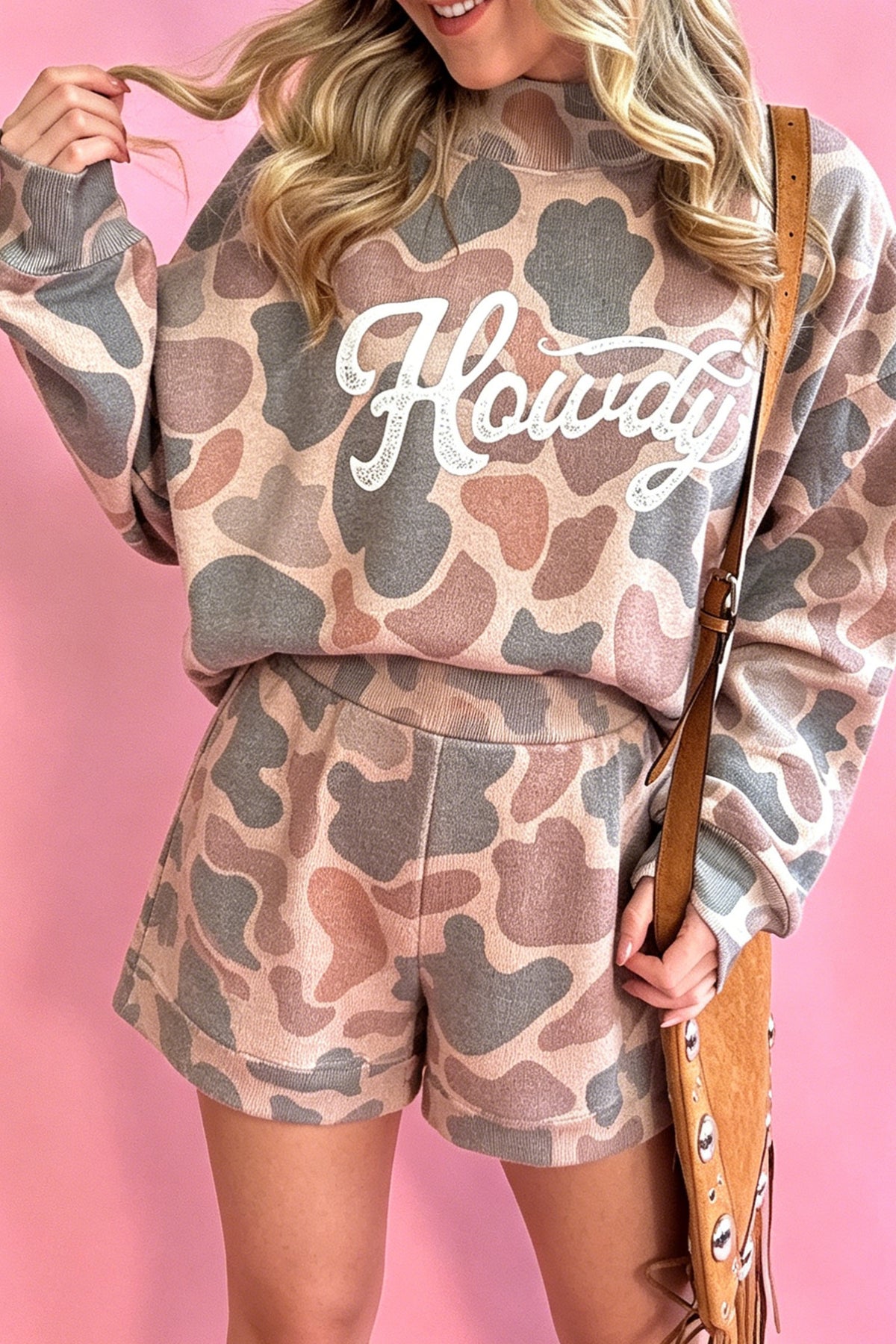 Howdy Camouflage High Neck Long Sleeve Top and Shorts Set