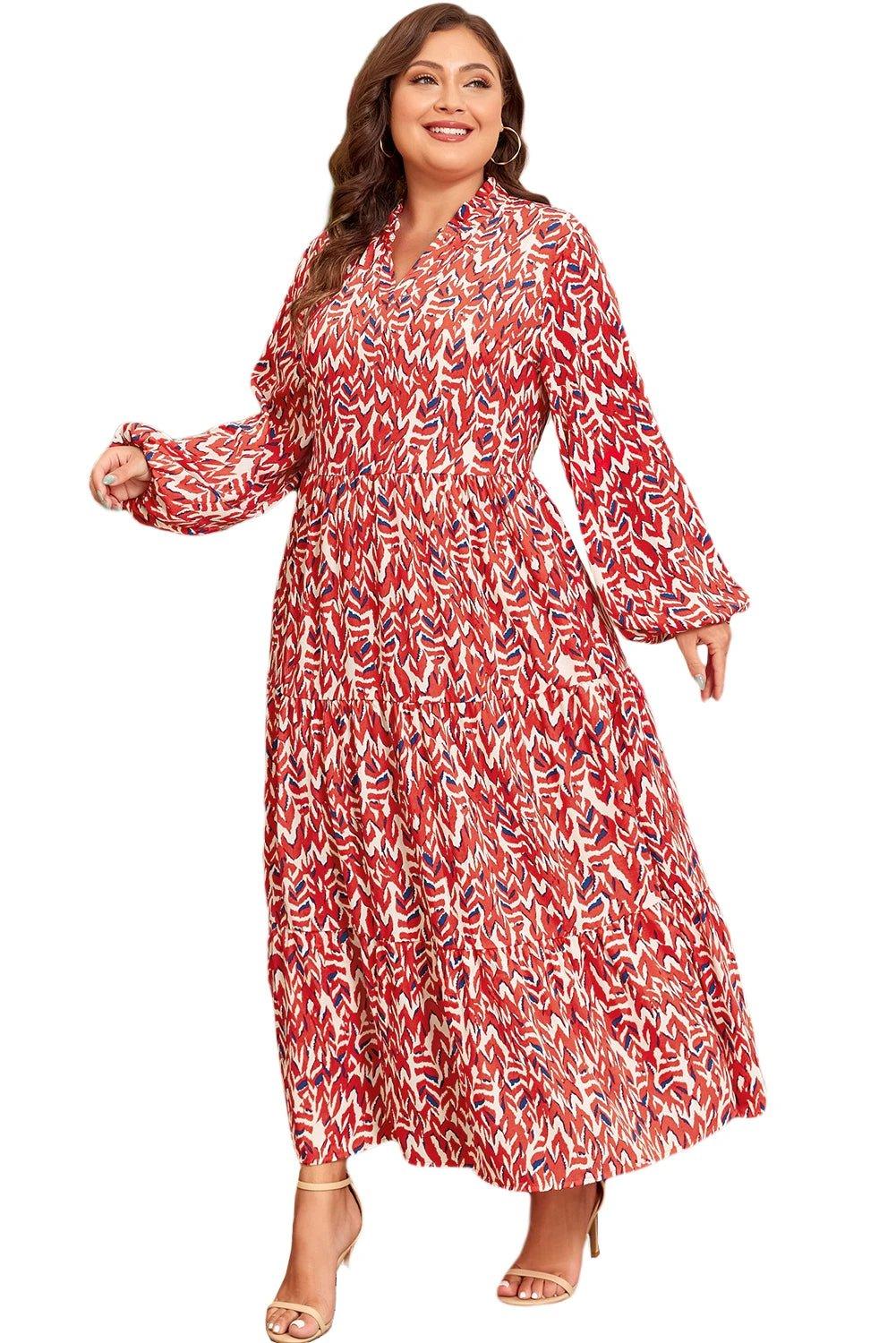 Plus size plus size abstract print maxi dress with notch V-neck and high waist silhouette