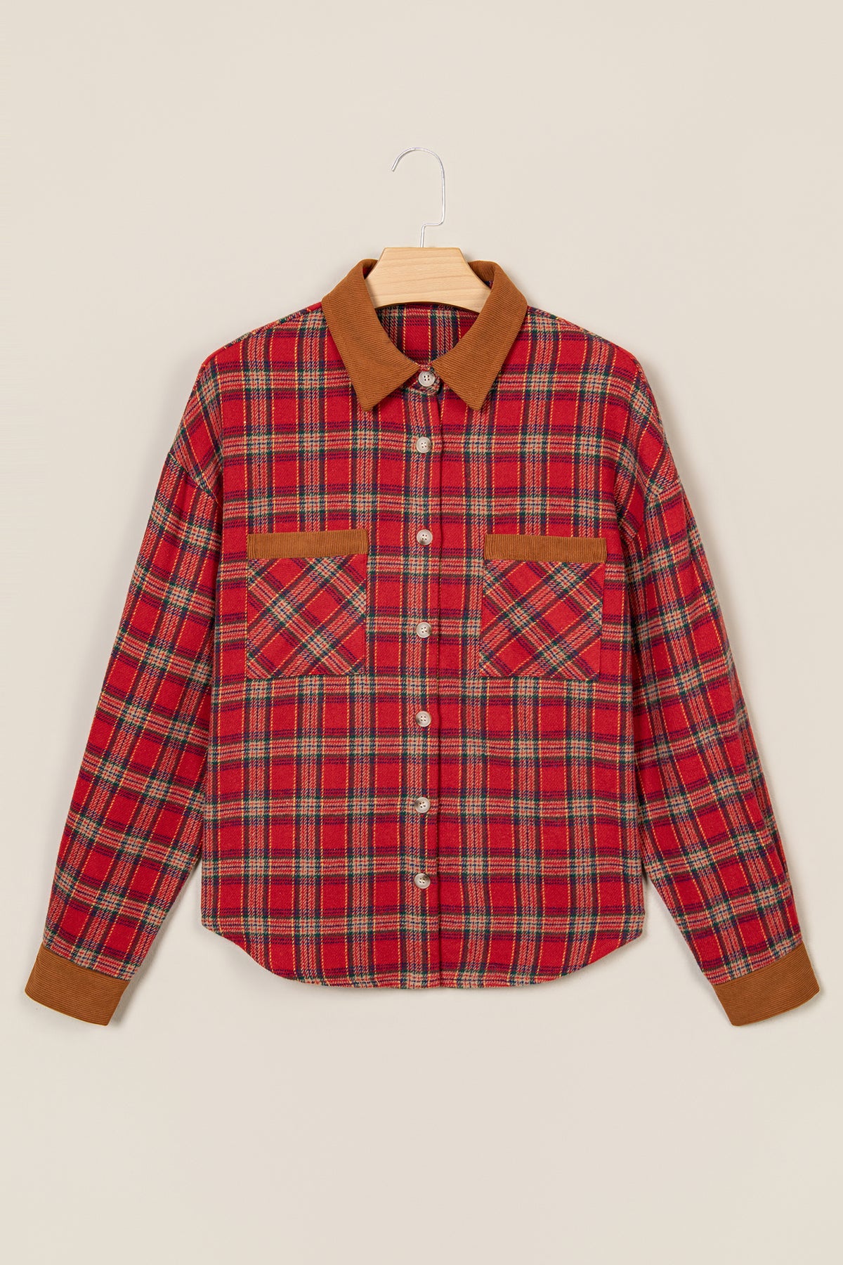 Red Casual Plaid Color Block Collared Button Shacket
