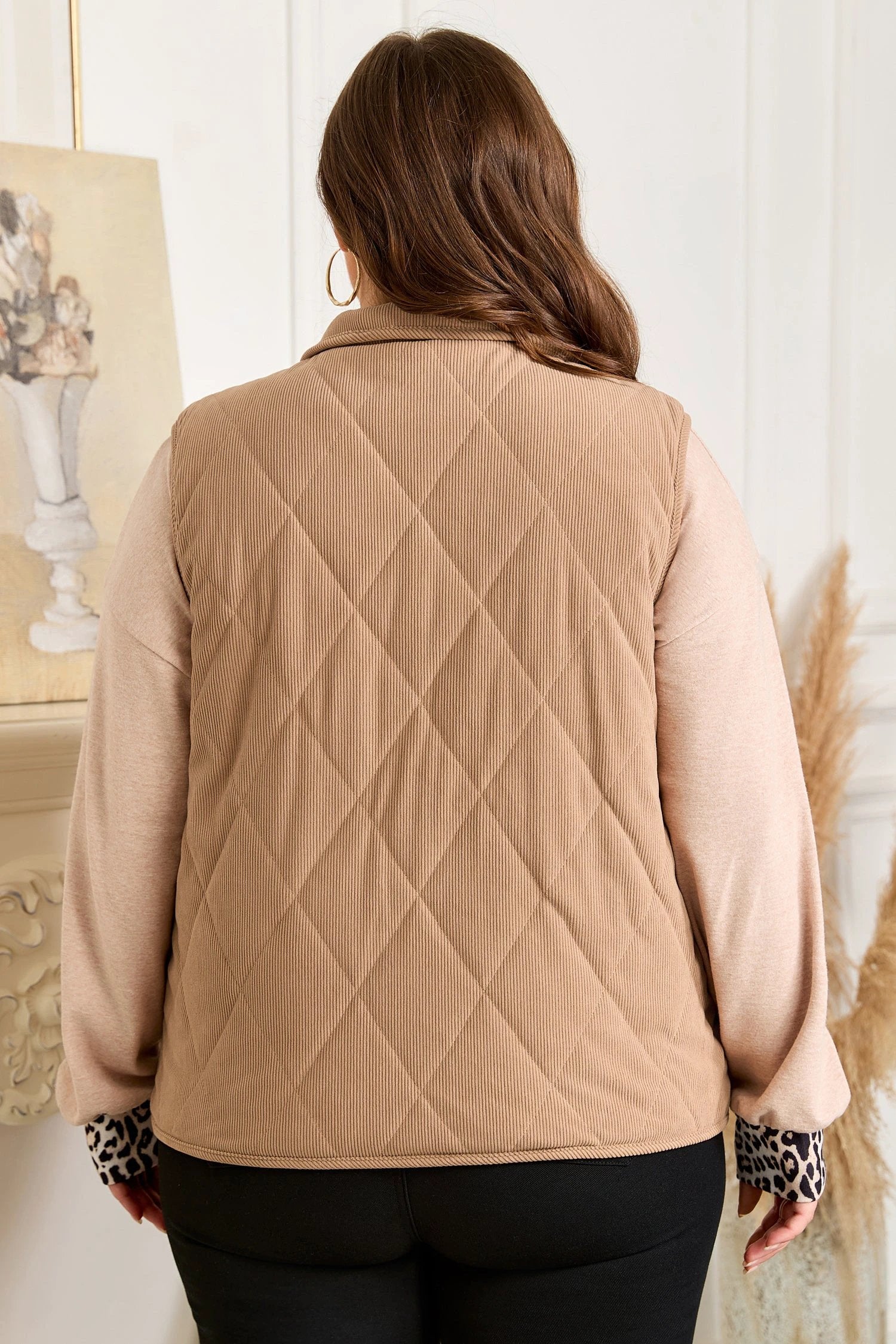 camel plus size quilted cord snap button vest jacket for women casual everyday outfit