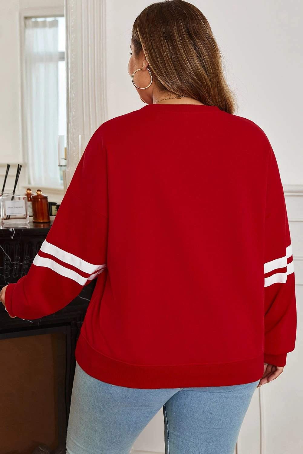 Plus size light grey varsity stripe crew neck sweatshirt for everyday confidence