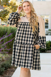 Plus size collared V neck plaid patchwork mini dress with waffle knit texture