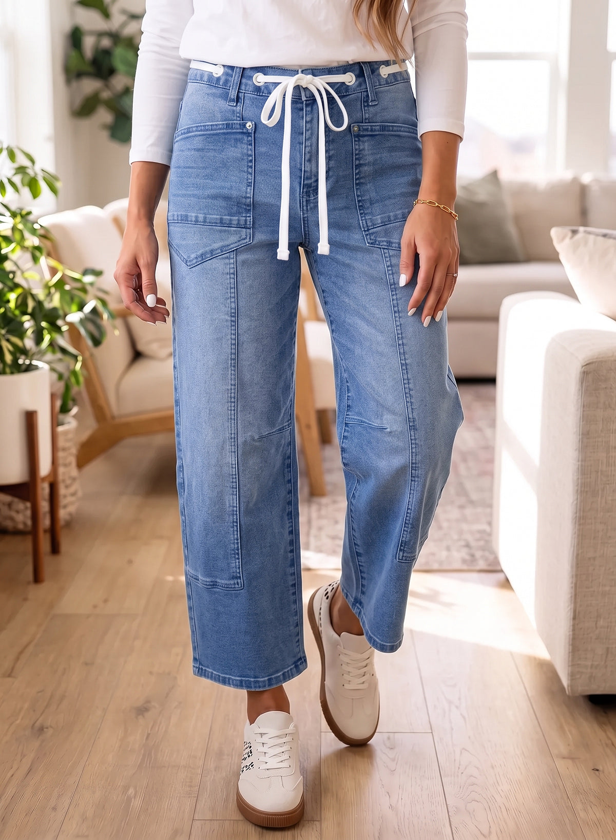 Solid Patchwork Grommet Tie Waist Loose Ankle-Length Jeans