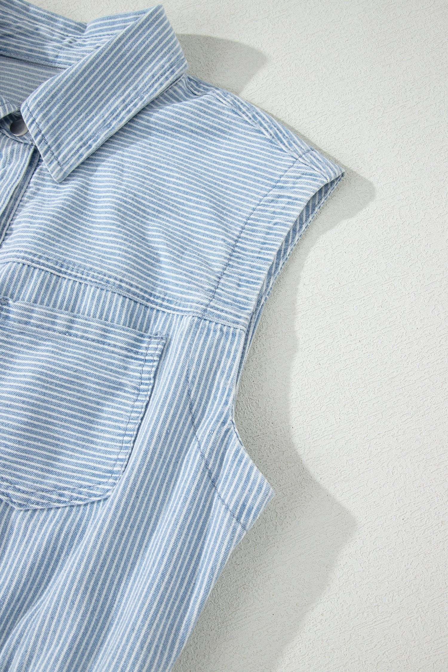 sky blue stripe collared button front sleeveless denim mini dress for women casual everyday outfit