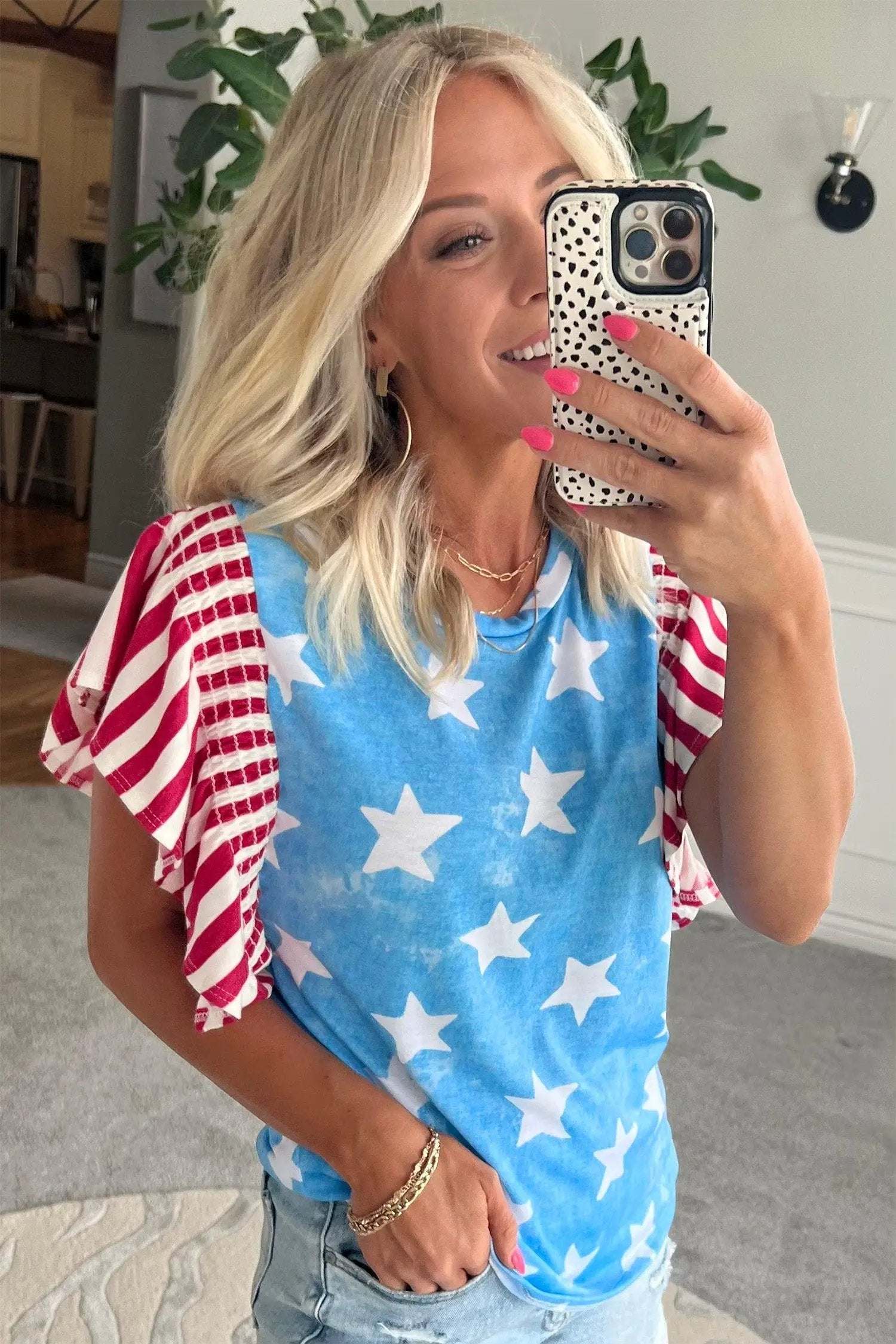 Patriotic Ruffle Sleeve Top with star print striped detail and ruffle sleeves