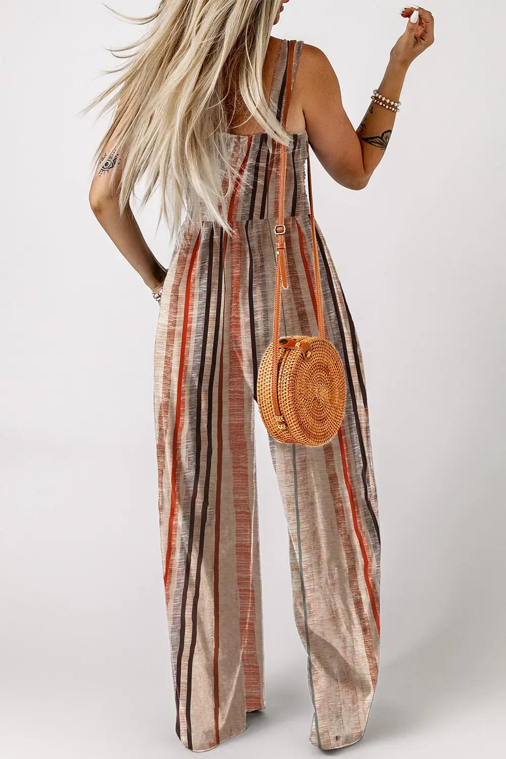 yellow stripe square neck sleeveless smocked bodice wide leg jumpsuit for women casual everyday outfit