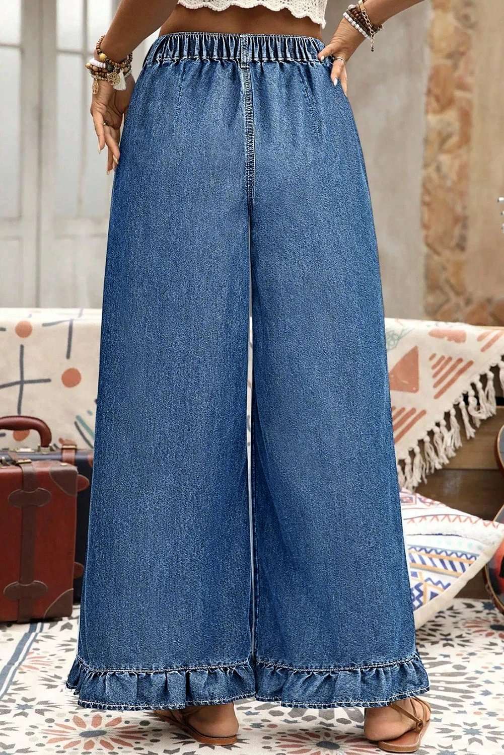 Plus Size Wide Leg Denim Pants with elastic waist and ruffled detail