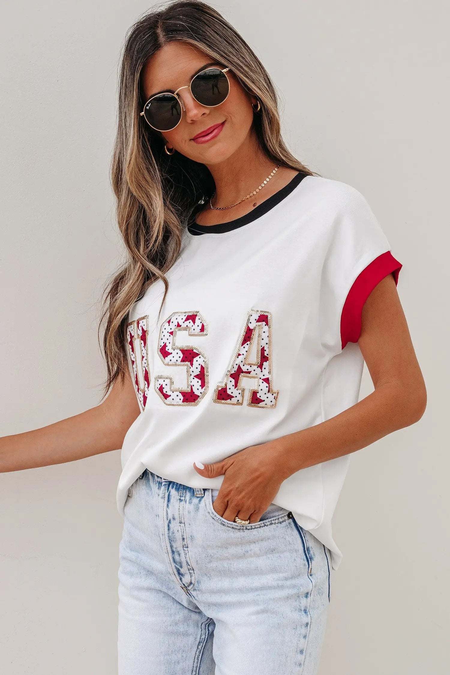 Star-Spangled Shine loose T-shirt with USA sequin graphic and color-block trim