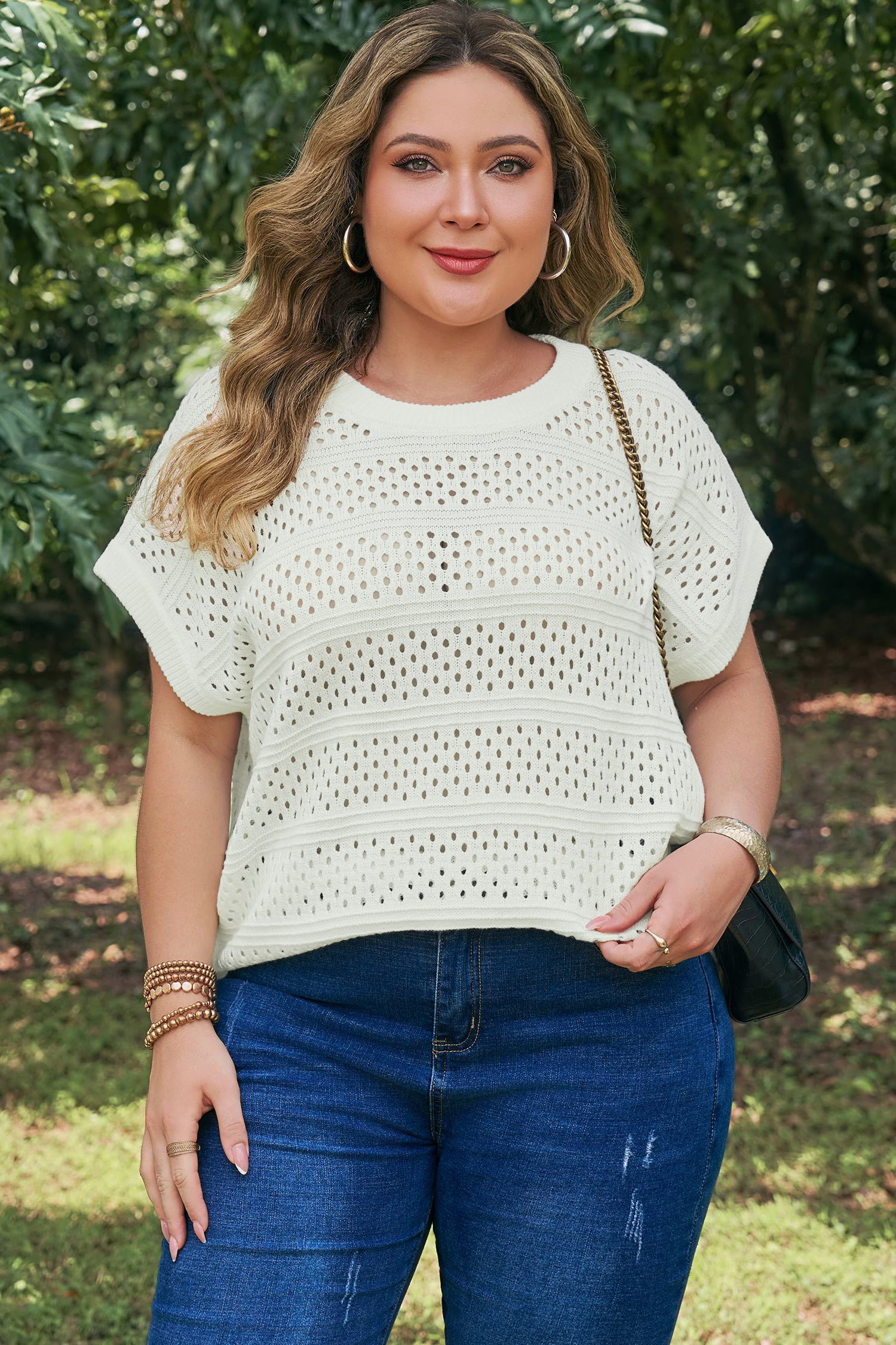 Plus Size Eyelet Hollow Out Knit Ribbed Trim Short Sleeve Dolman Sweater — women's everyday bottoms | J&H Apparel