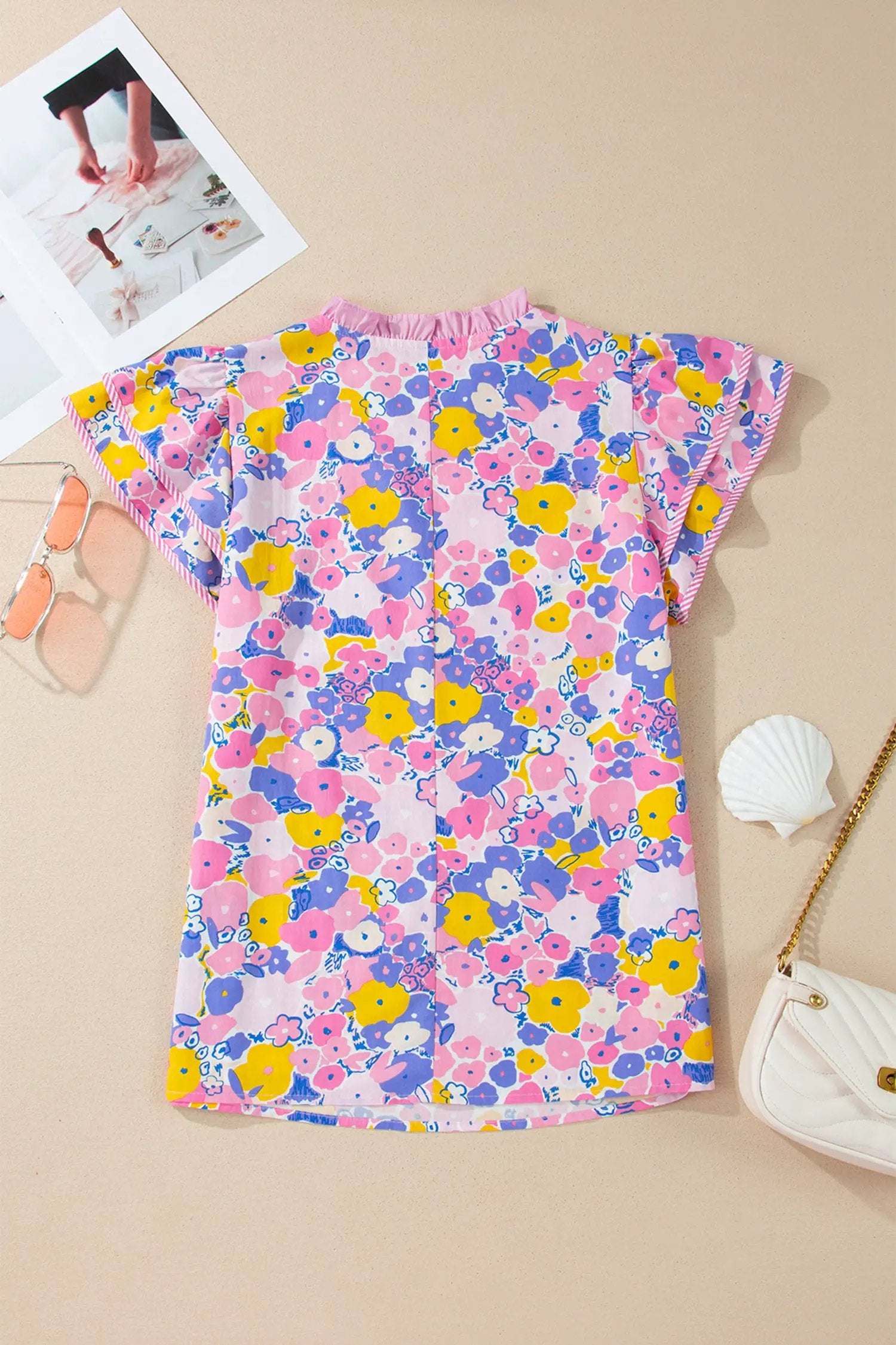 Floral print striped color block V neck flutter sleeve blouse