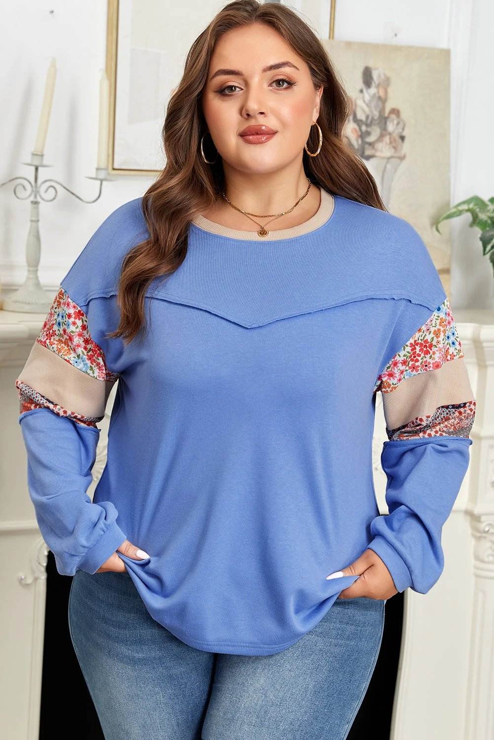 Plus size Mom Confidence top with exposed seam floral boho mixed print and relaxed fit