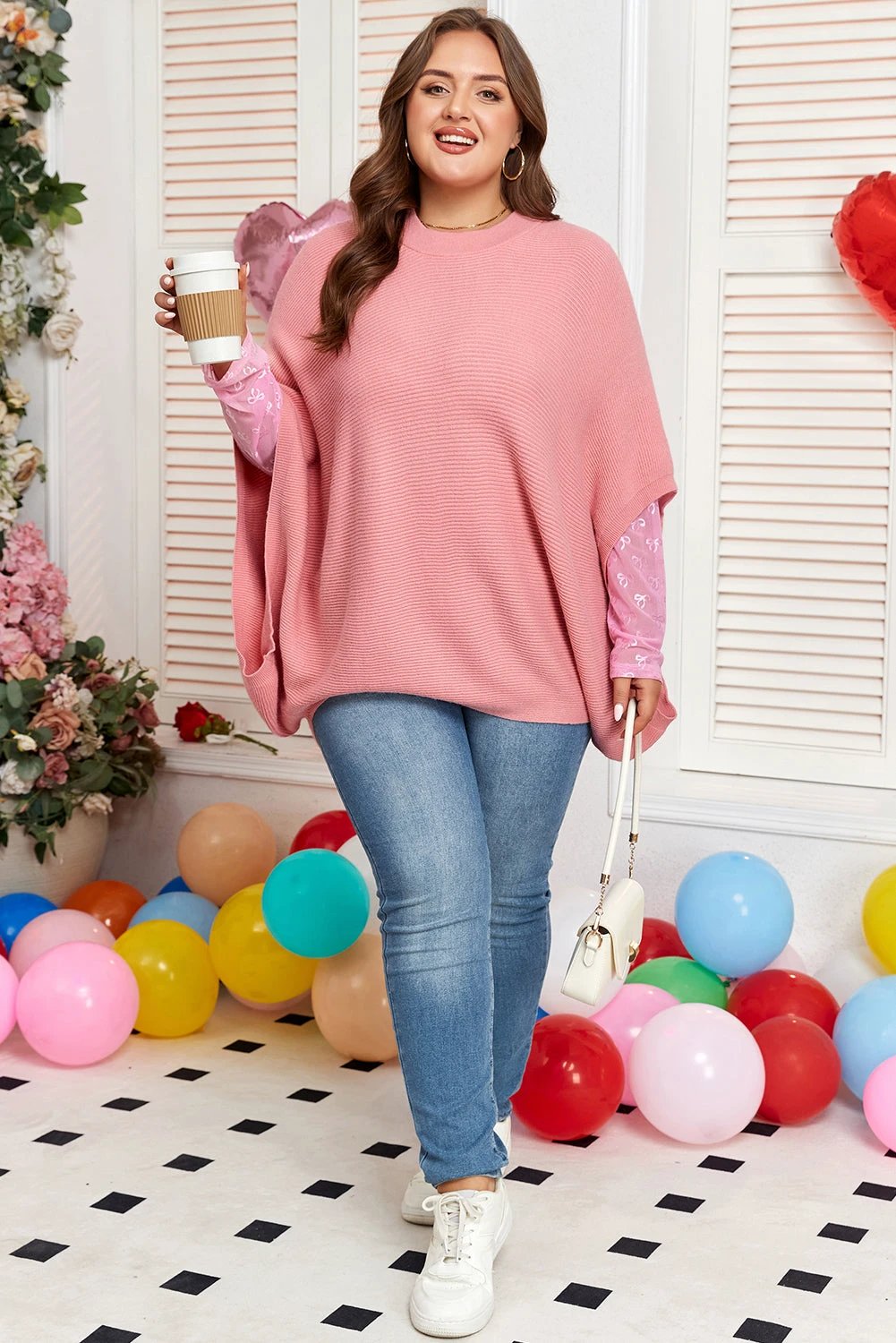 light pink ribbed knit half sleeve plus size poncho style sweater for women casual everyday outfit