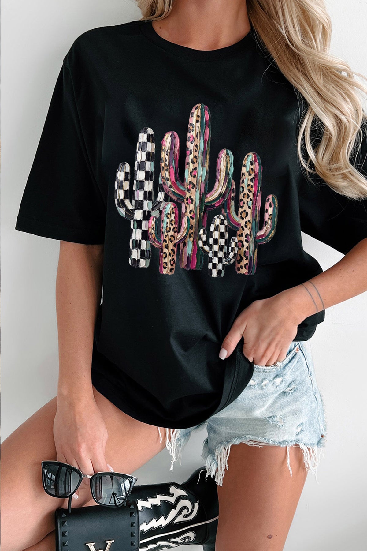 Mixed Pattern Cactus Graphic Print Relaxed T-Shirt