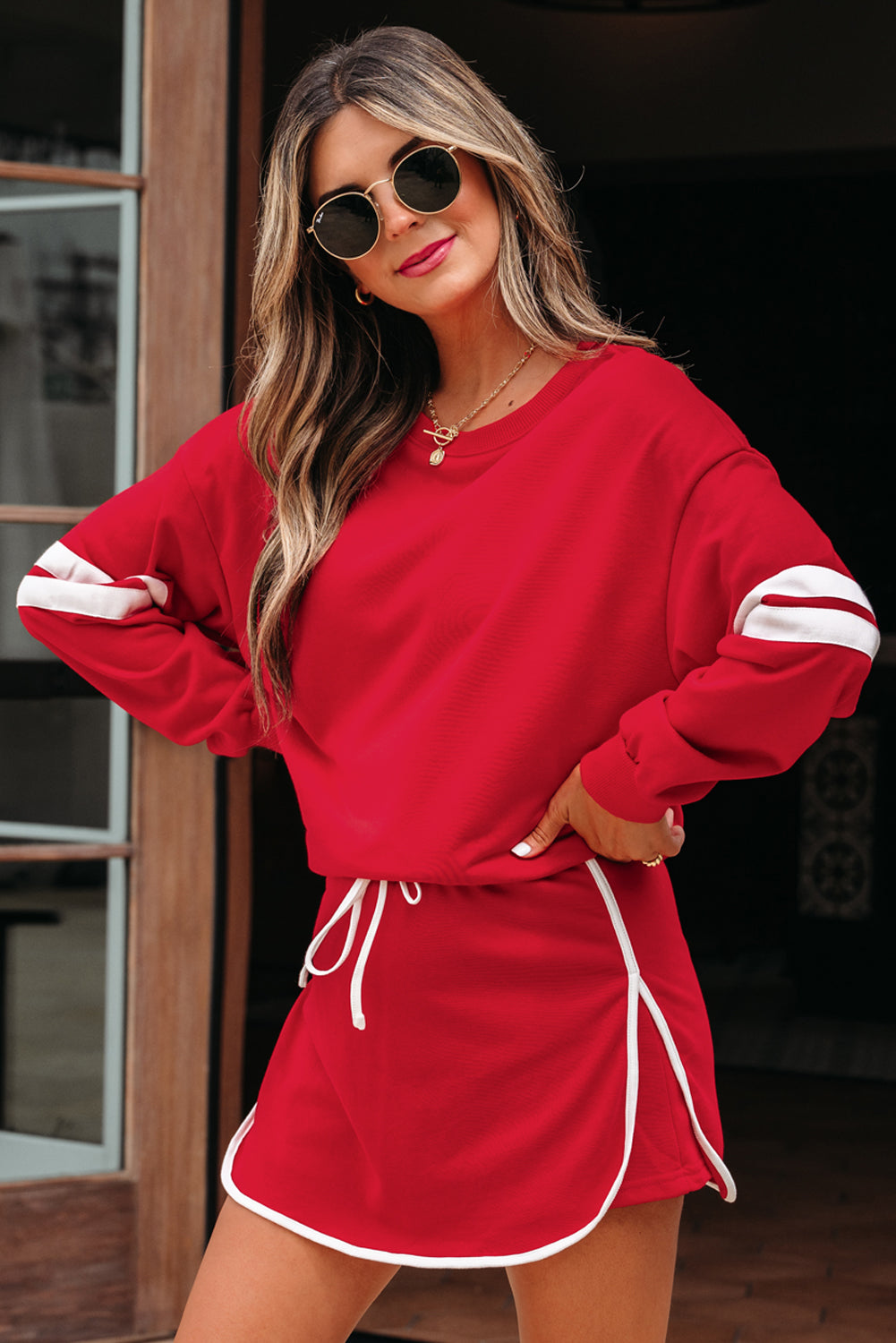 Navy Blue Varsity Stripe Detail Drop Shoulder Pullover Mini Skort Set