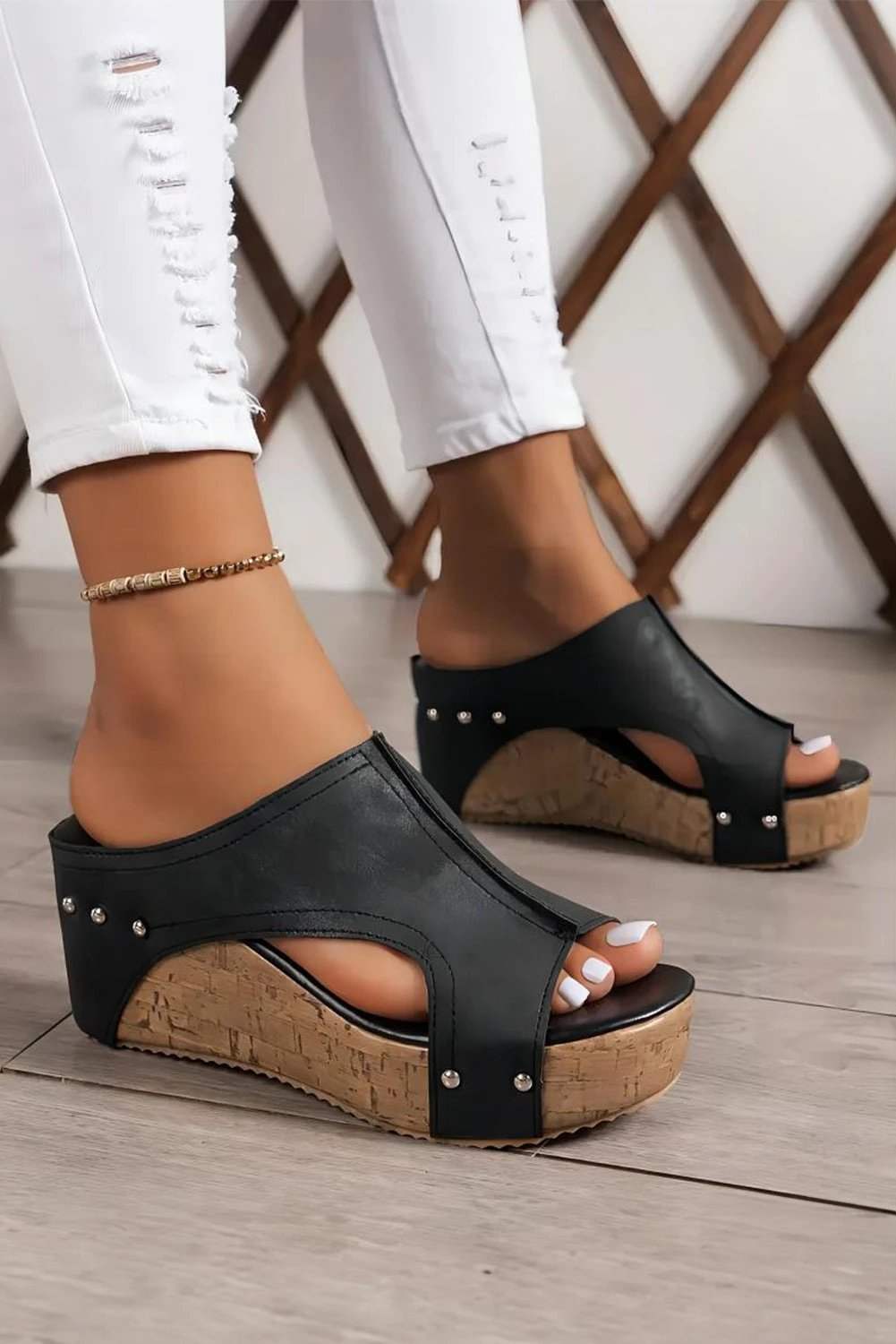black hollow out studded pu leather wedge slippers for women casual everyday outfit