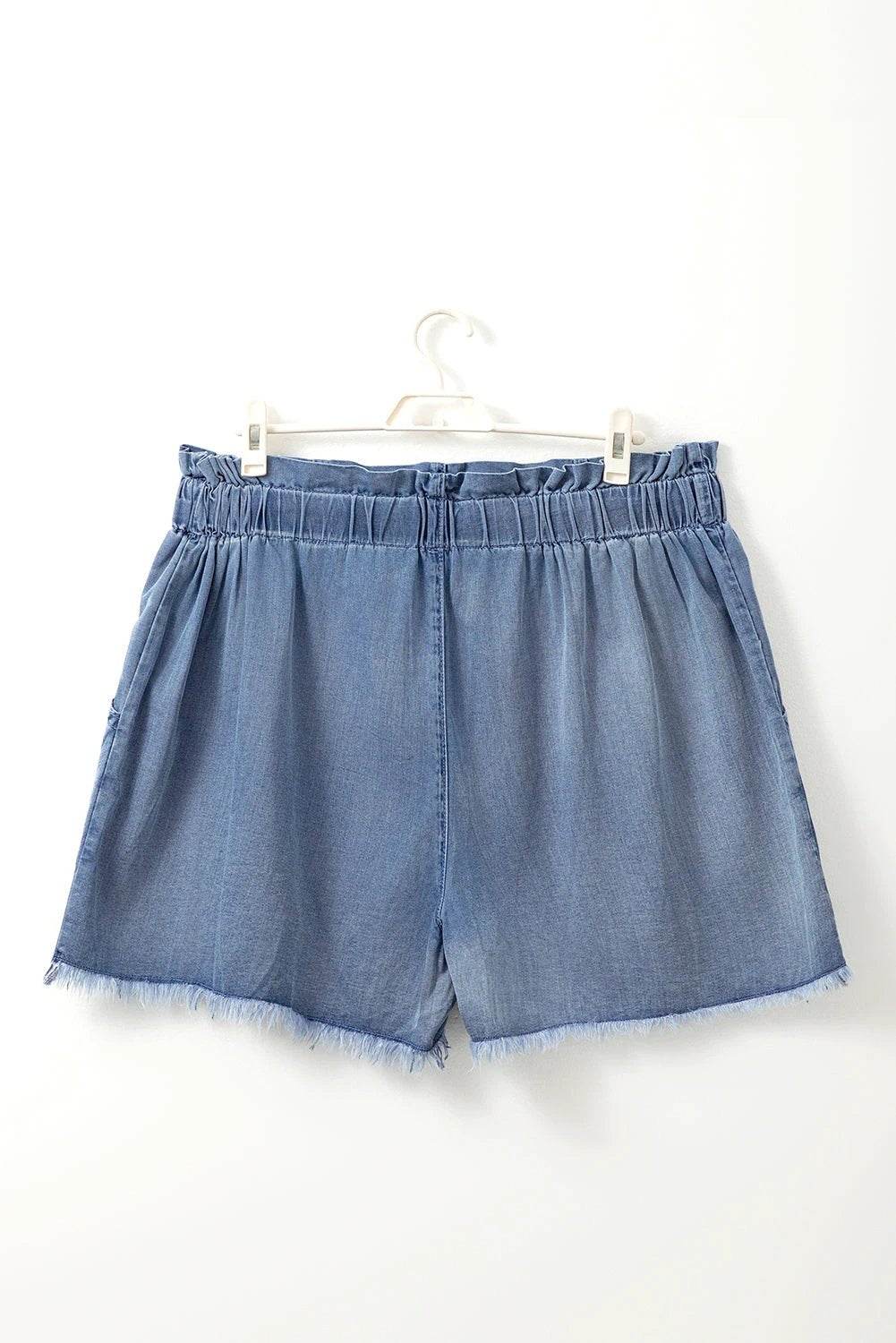 dusk blue raw hem lace-up high waist plus size denim shorts for women casual everyday outfit