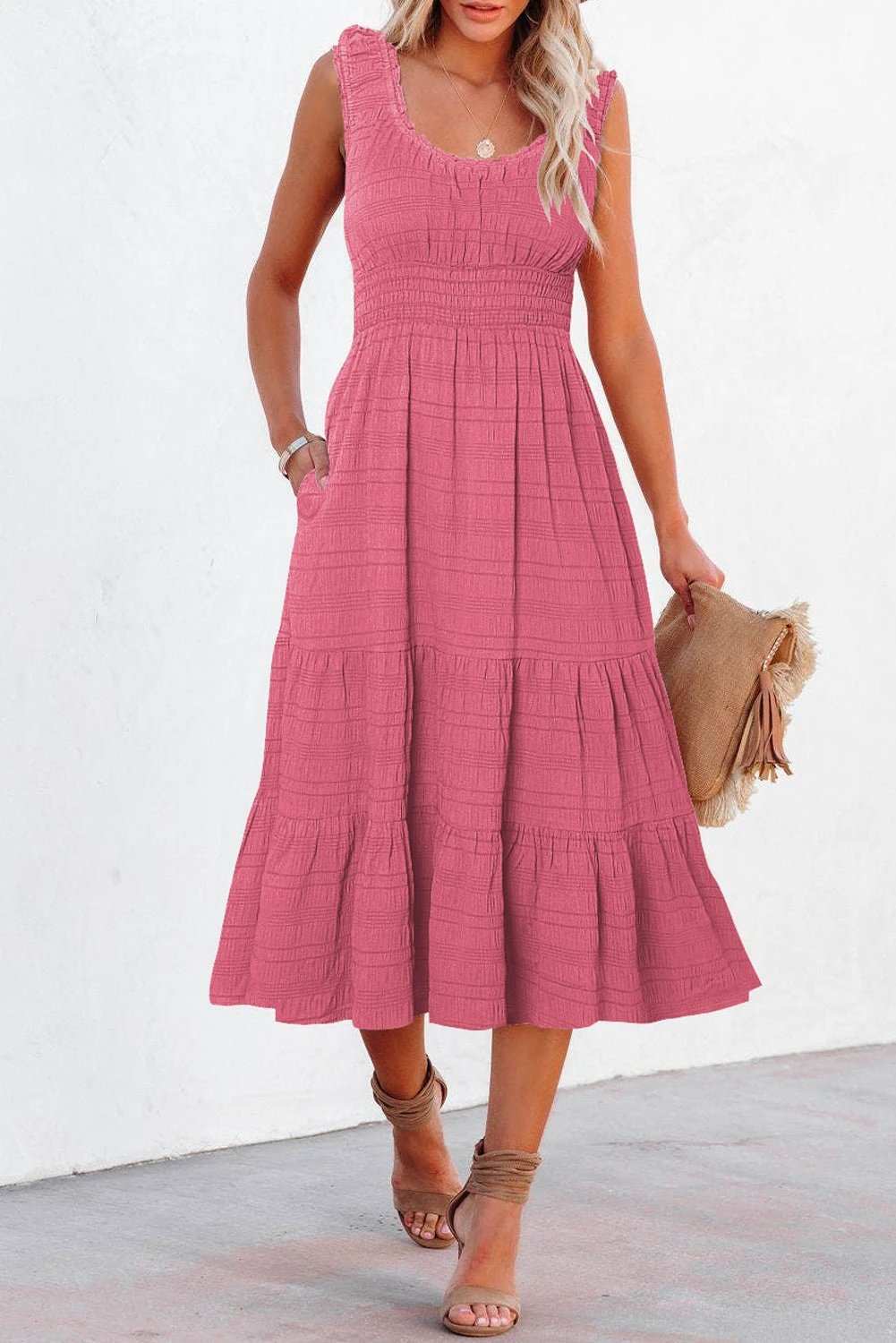 Sleeveless Midi Dress with shirred pleated square-neck bodice and tiered skirt