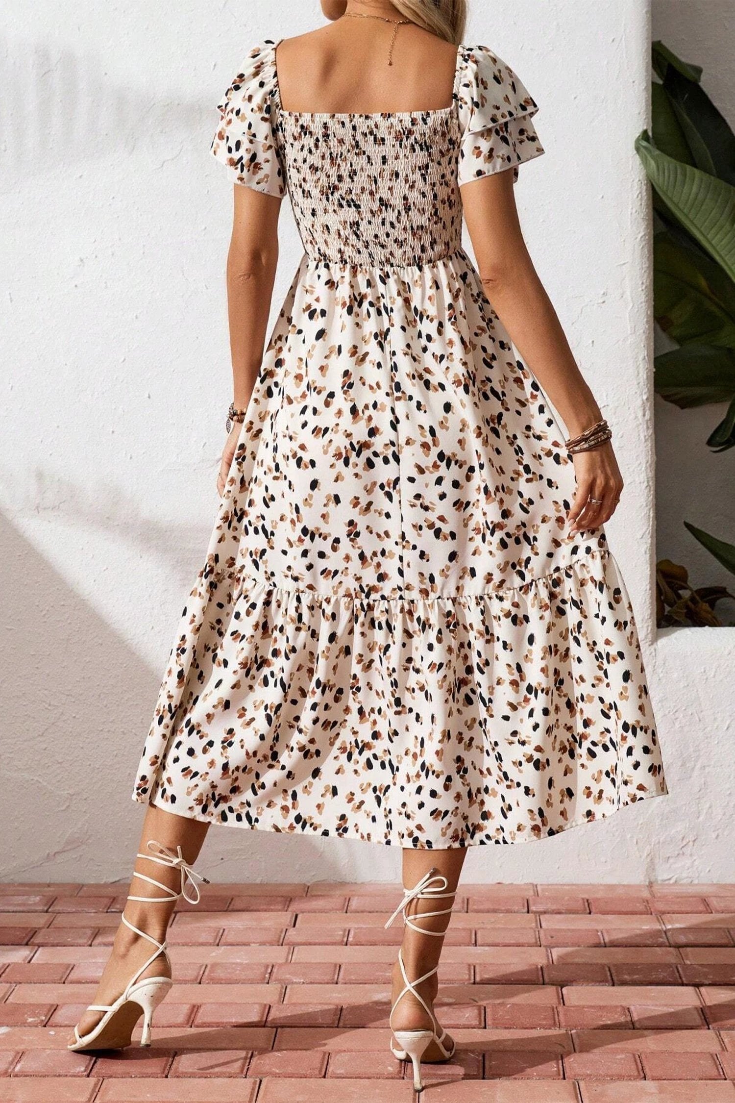 beige ditsy floral print smocked square neck ruffle short sleeve dress for women casual everyday outfit