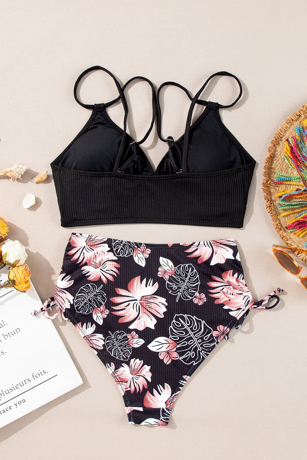 Black ribbed knit high-waist two-piece bikini with floral print bottom