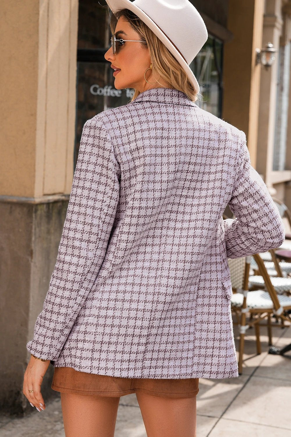 Burgundy elegant tweed plaid blazer with gold buttons and double-breasted design