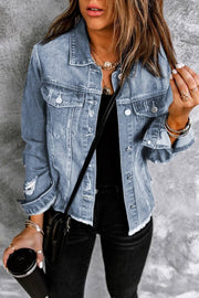 Lapel Distressed Raw Hem Buttons Denim Jacket — women's everyday layering piece | J&H Apparel