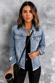Lapel Distressed Raw Hem Buttons Denim Jacket