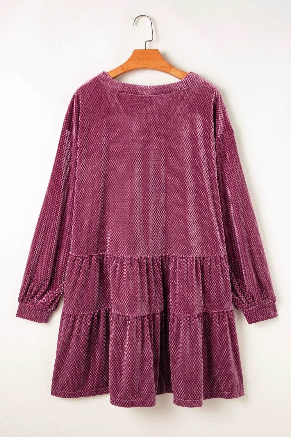 Plus size textured velvet tiered dress in meadow mauve with front button details and relaxed A-line fit