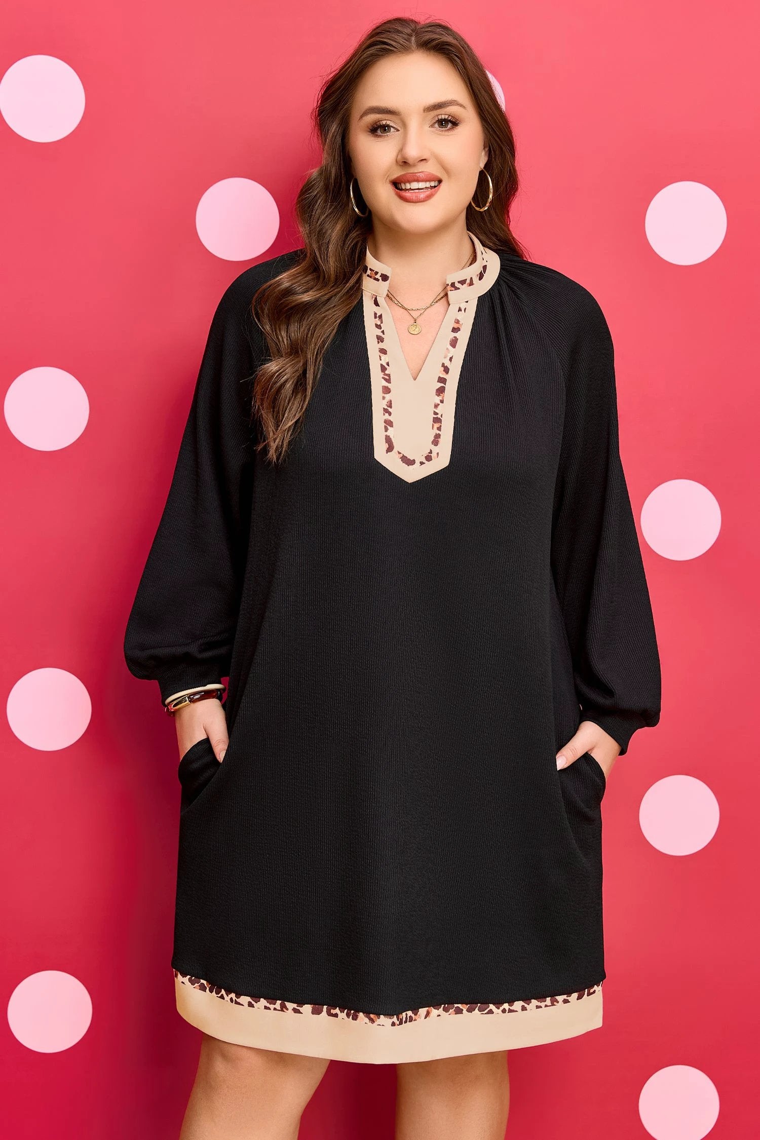 Dear-Lover Dropshipping Black Contrast Color Block Leopard Trim Plus Size Ribbed Dress - Plus Size/Plus Size Dresses/Plus Size Mini Dresses