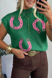 Bright green ribbed mock neck short sleeve knit sweater with pink horseshoe embroidery