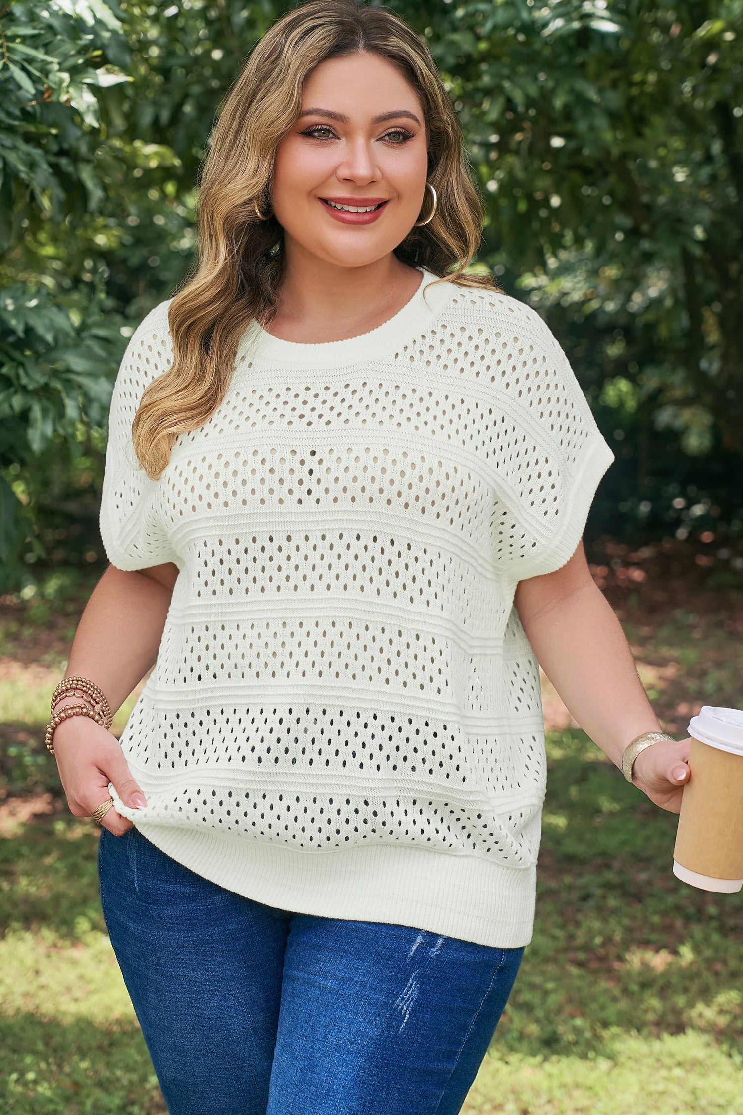Plus Size Eyelet Hollow Out Knit Ribbed Trim Short Sleeve Dolman Sweater — women's everyday bottoms | J&H Apparel