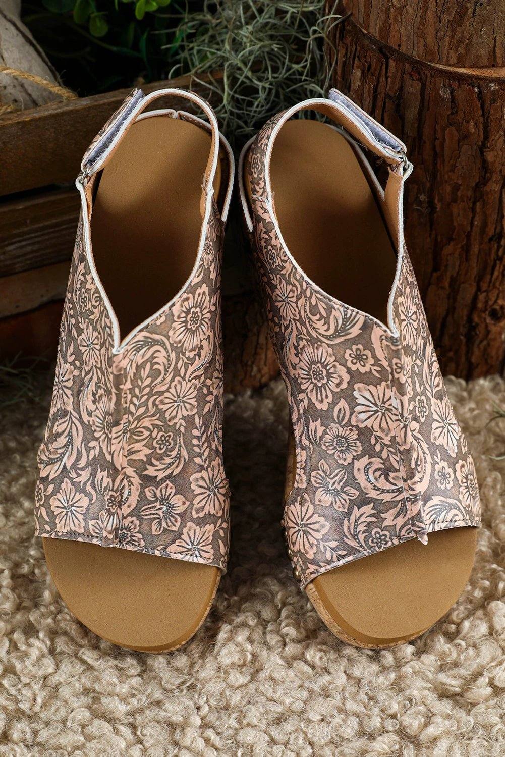 Boho Western Charm vintage floral leather rivet hollowed platform sandals in warm brown tones