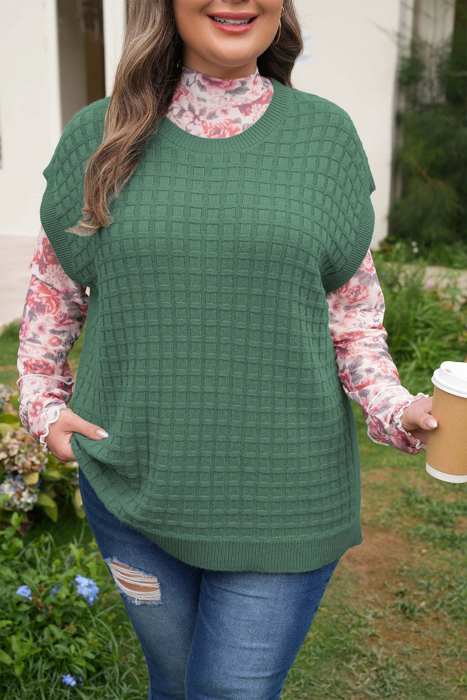 mist green plus size solid color textured knit short sleeve sweater for women casual everyday outfit