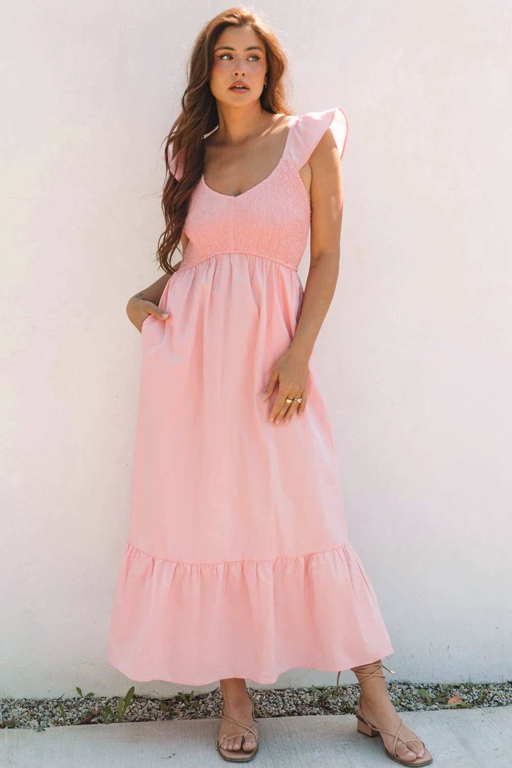 High Waist Maxi Dress with V-neck flutter sleeves smocked bodice and ruffle hem