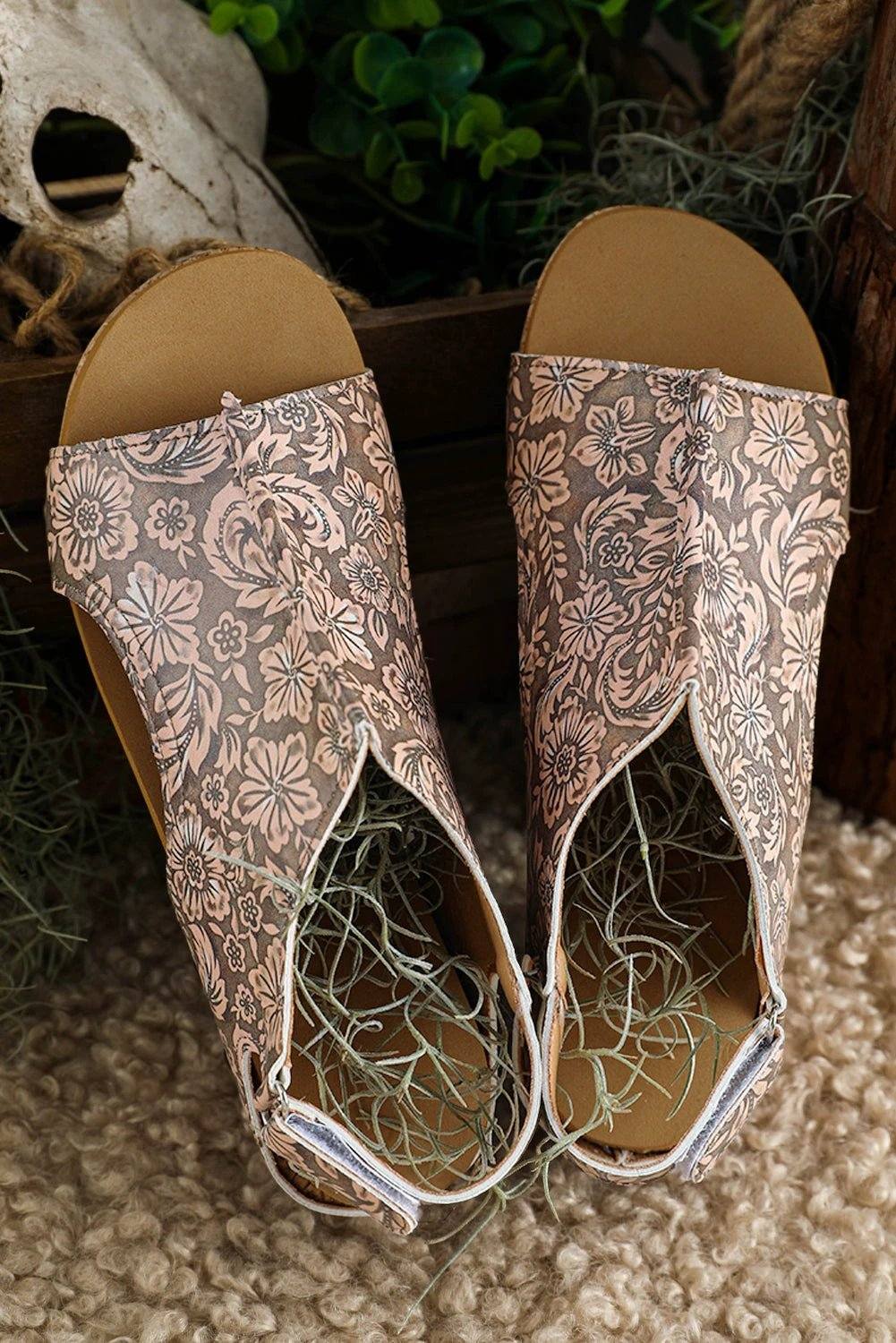 Boho Western Charm vintage floral leather rivet platform sandals in warm brown tones with cork sole