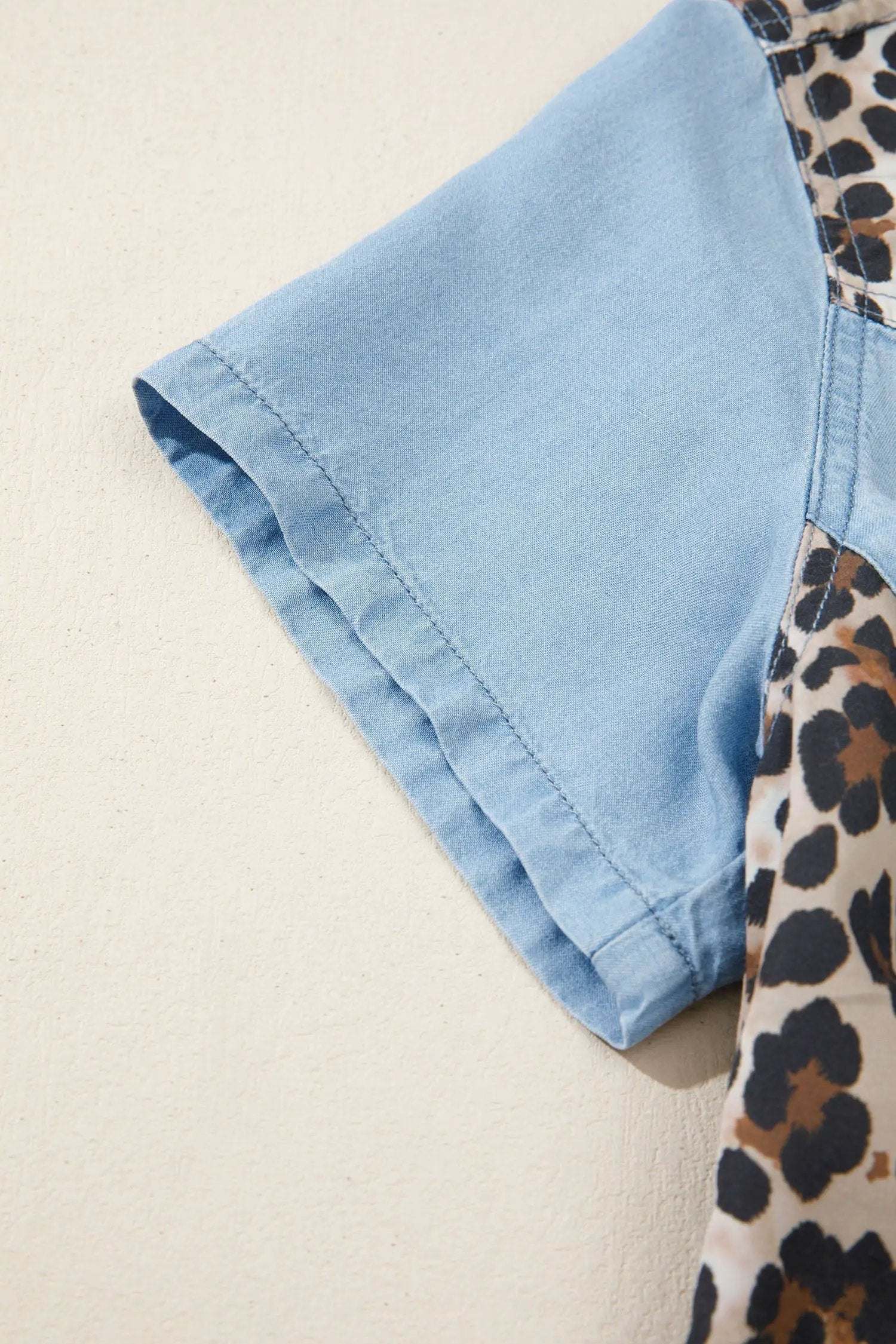 Leopard Print Mini Dress with denim color block and shirt collar