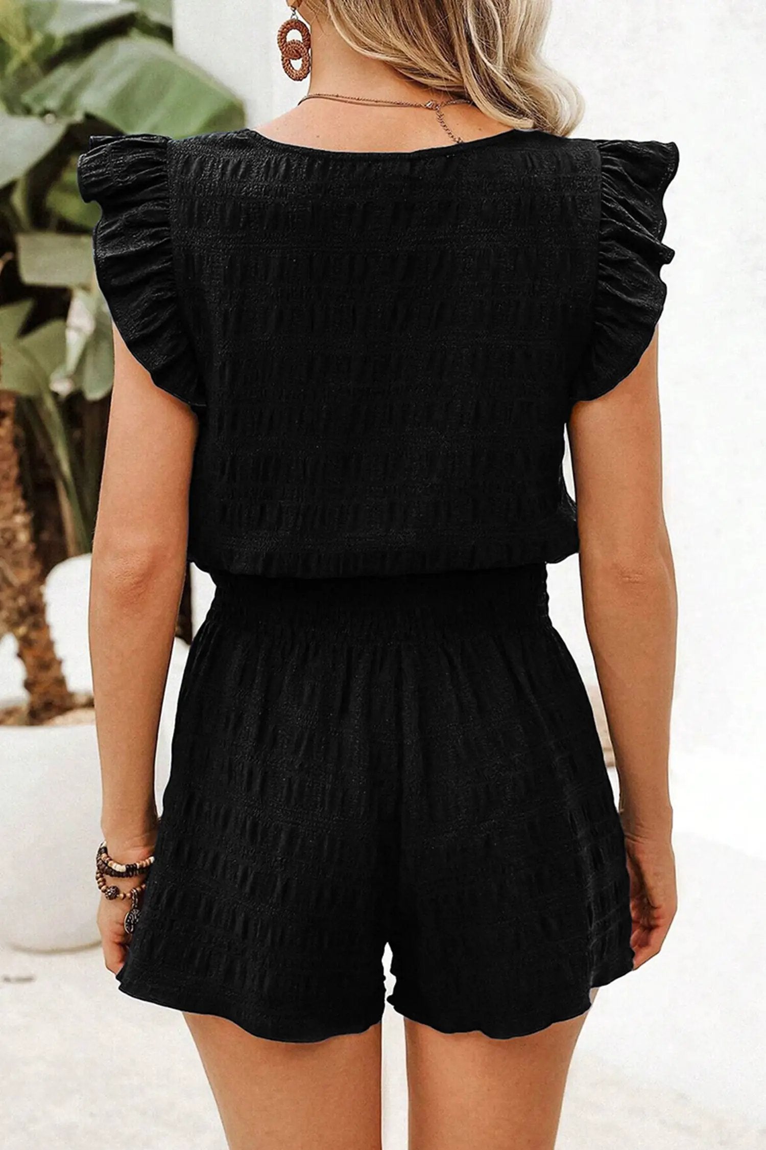 Dear-Lover Dropshipping Black Textured Square Neck Top and Shirred High Waist Shorts Set - Two Piece Sets/Short Sets