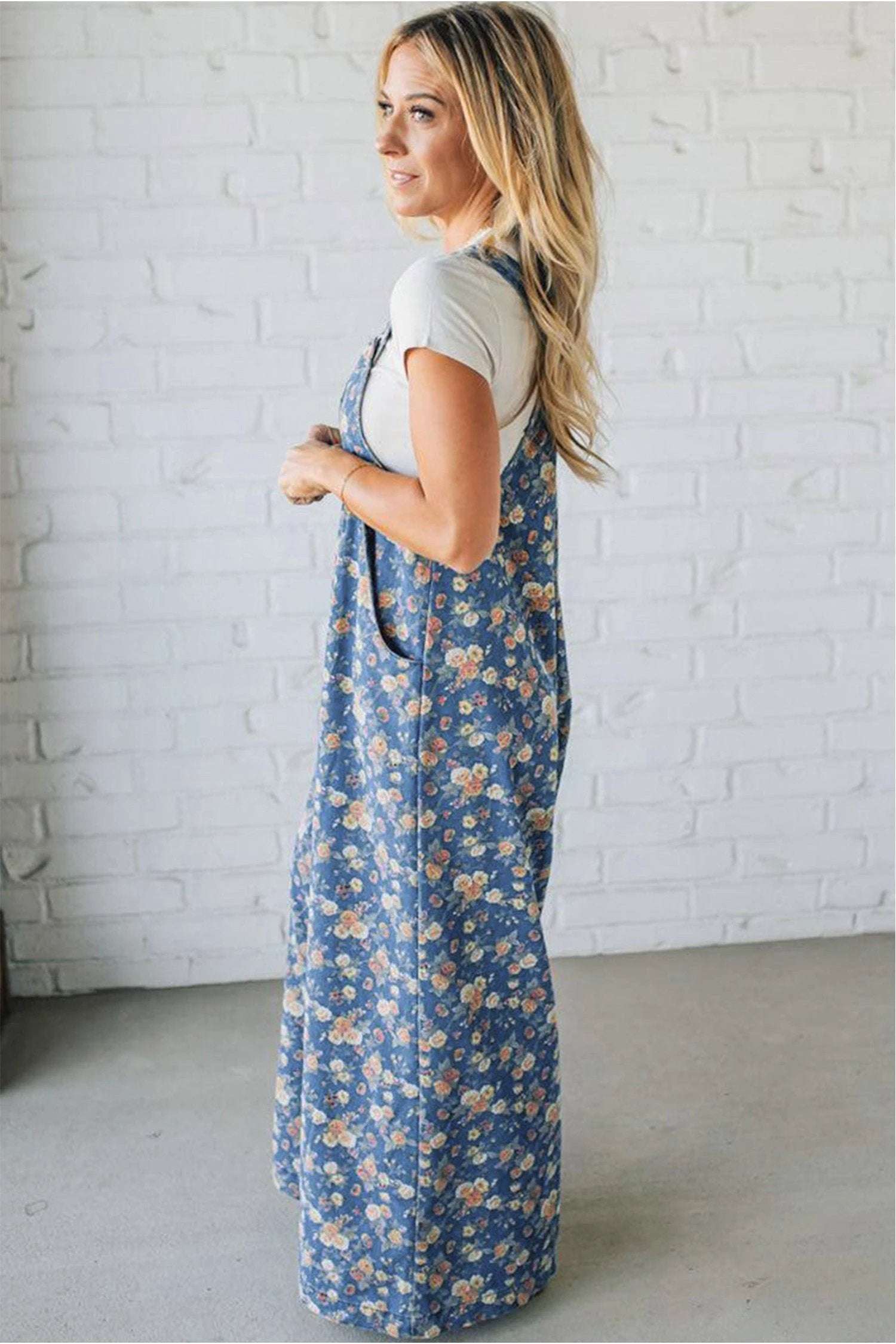 blue vintage rose printed pleated loose denim overall jumpsuit for women casual everyday outfit