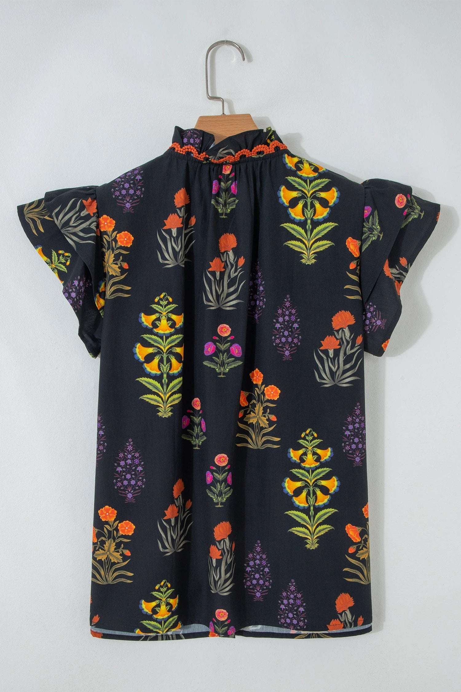 black floral print lace trim frilled v neck short sleeve shirt for women casual everyday outfit