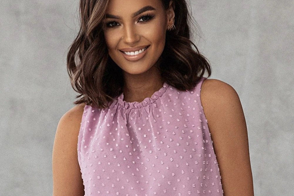 pink swiss dot sleeveless ruffle tank for women casual everyday outfit