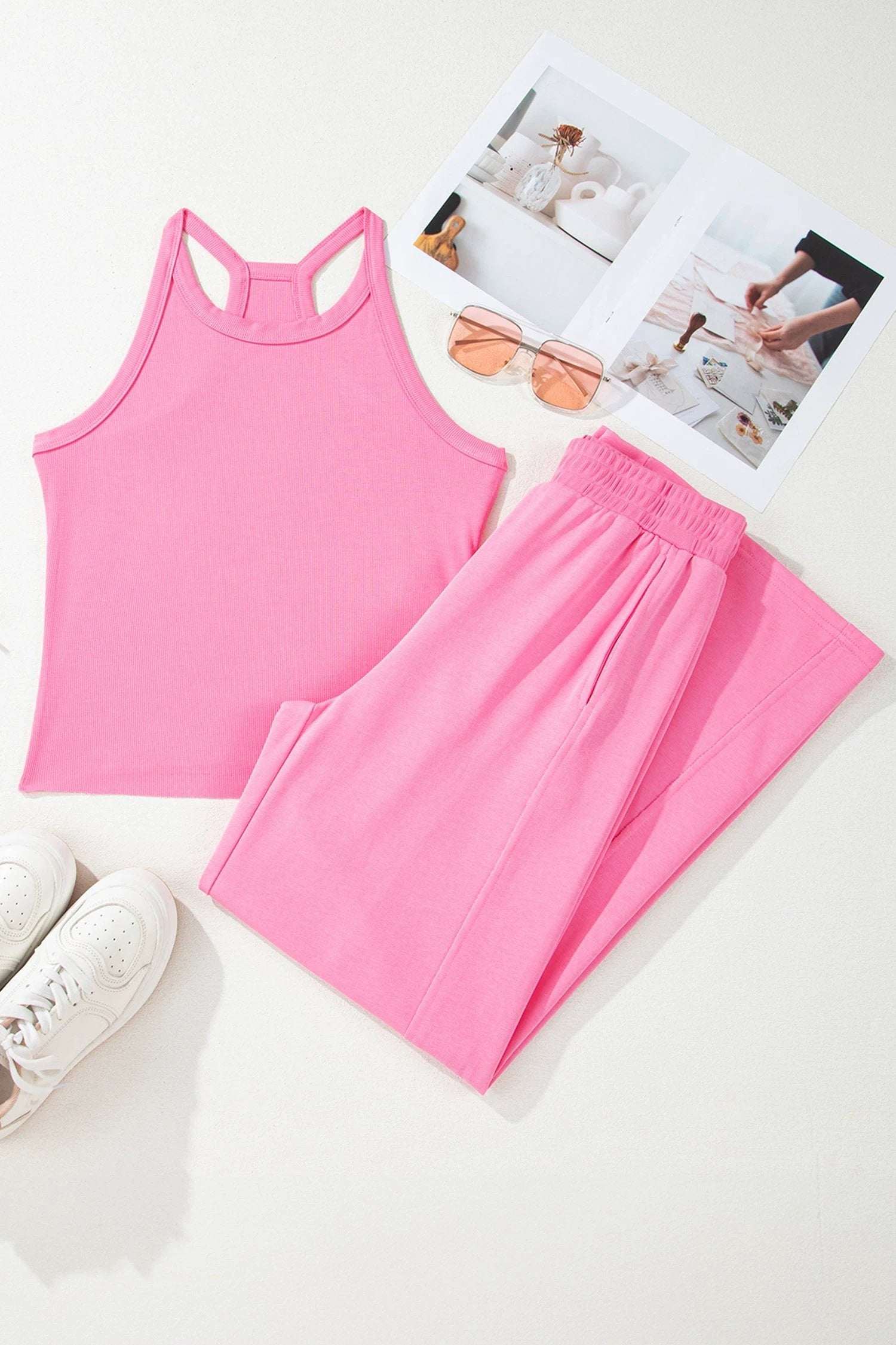 Woman wearing pink slim ribbed tank top and wide-leg sweatpants Mom Energy outfit set