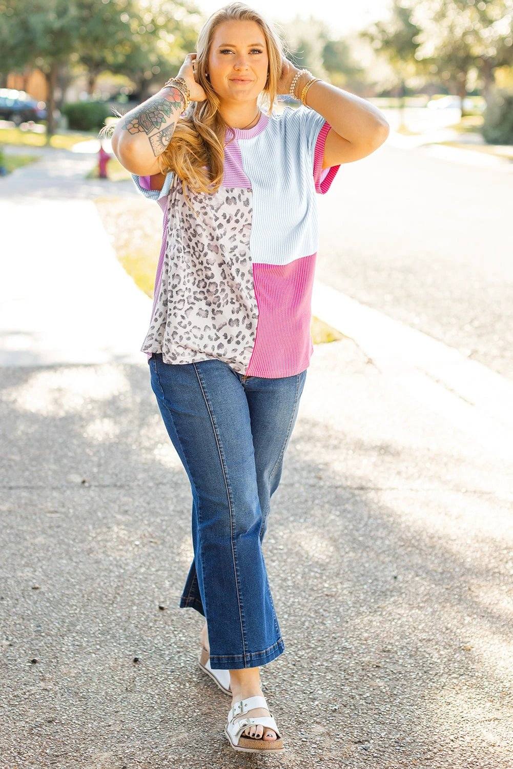 Plus size patchwork leopard corded knit tee with colorblock panels and relaxed fit