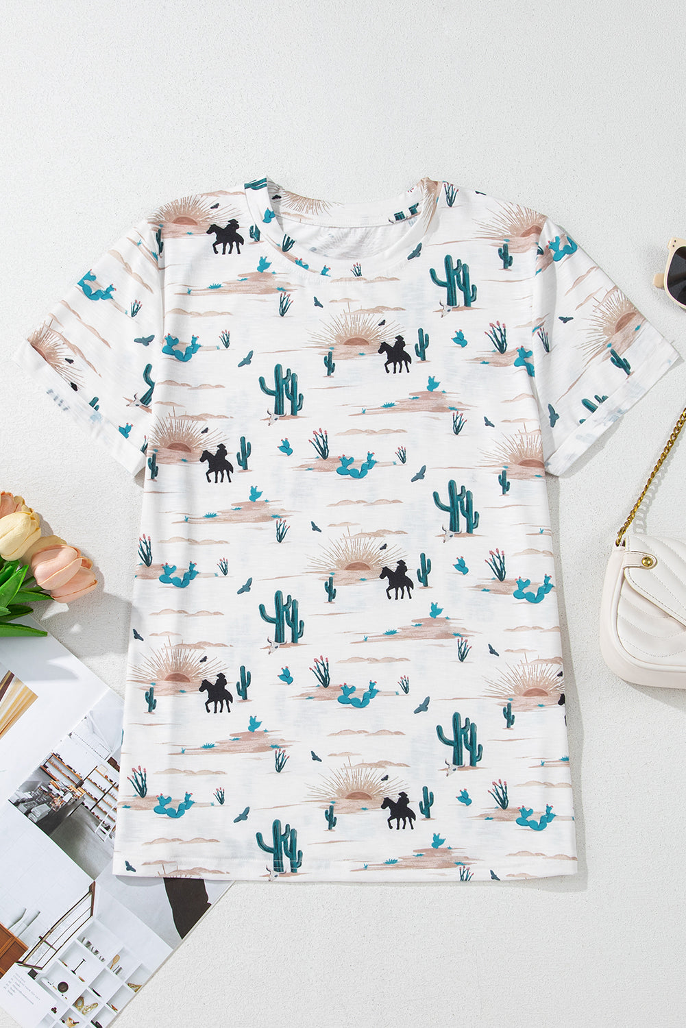 Western Cactus Print Crew Neck Short Sleeve — women's everyday style | J&H Apparel